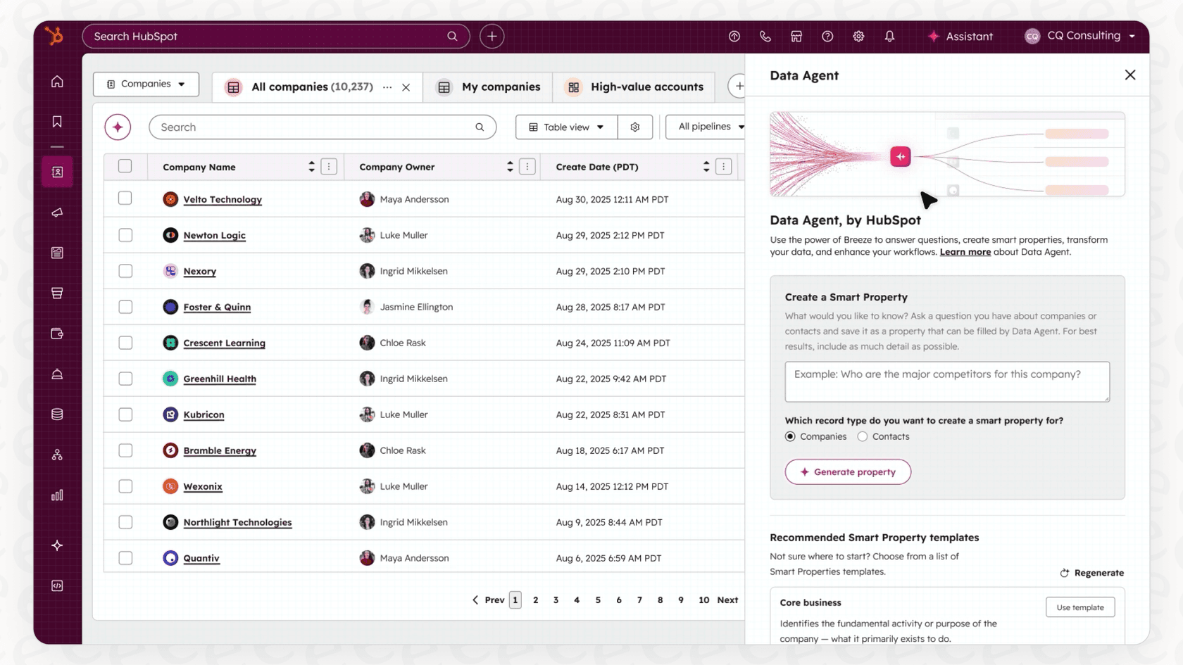 A screenshot demonstrating how Breeze Intelligence with Data Agent automatically adds company details to a HubSpot contact record.