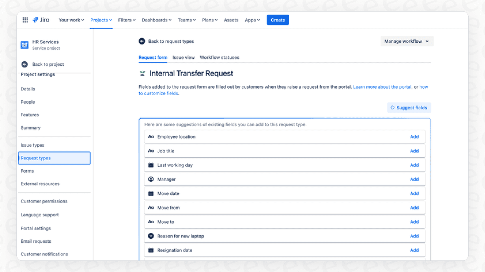 The "Suggest fields" feature of Atlassian Intelligence Suggest Request Types recommending fields like "Department" and "Required Software" for a form.