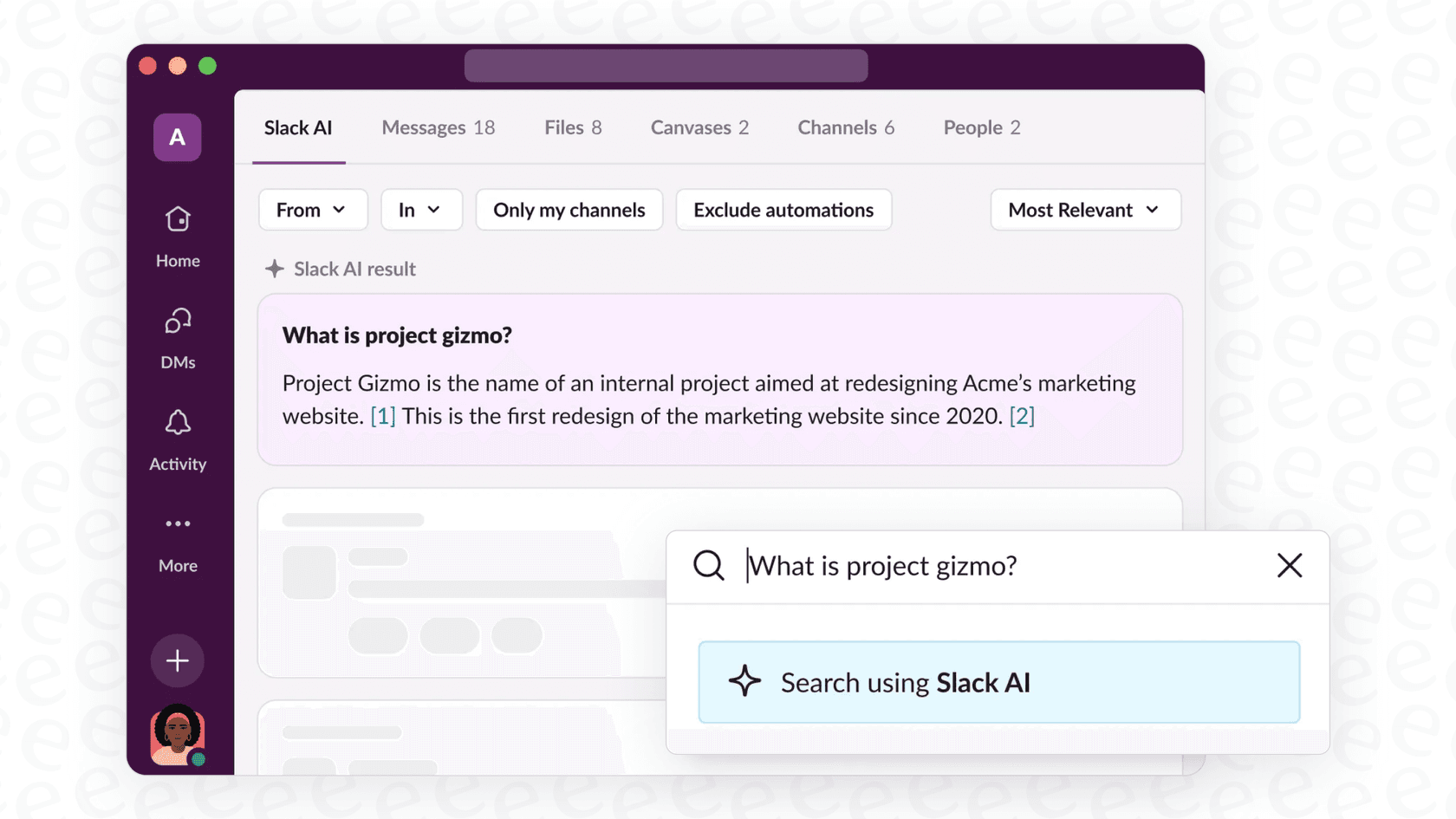 A user asks a question in the Slack search bar and Slack AI Search Answers provides a concise answer with source links.