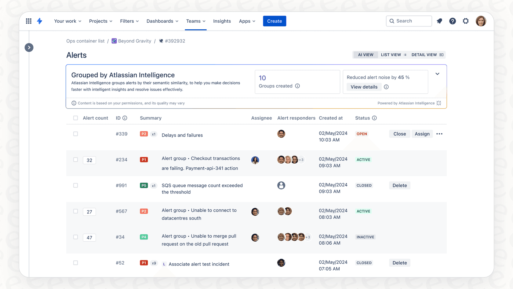 A view of a JSM dashboard where Atlassian Intelligence is grouping multiple related alerts into one incident to reduce noise.