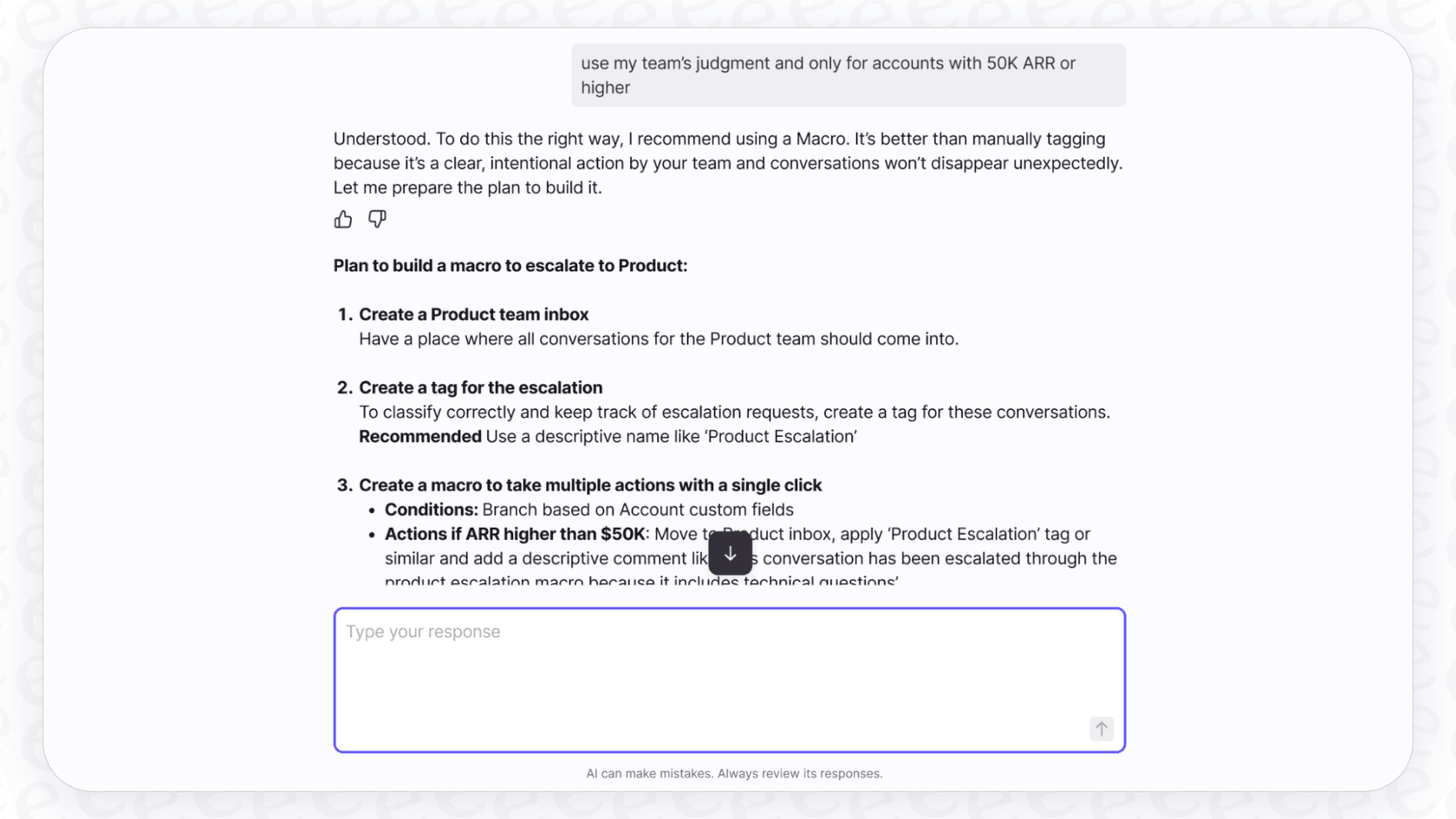 A screenshot of the Front AI Admin Copilot, an AI assistant for setting up workflows.