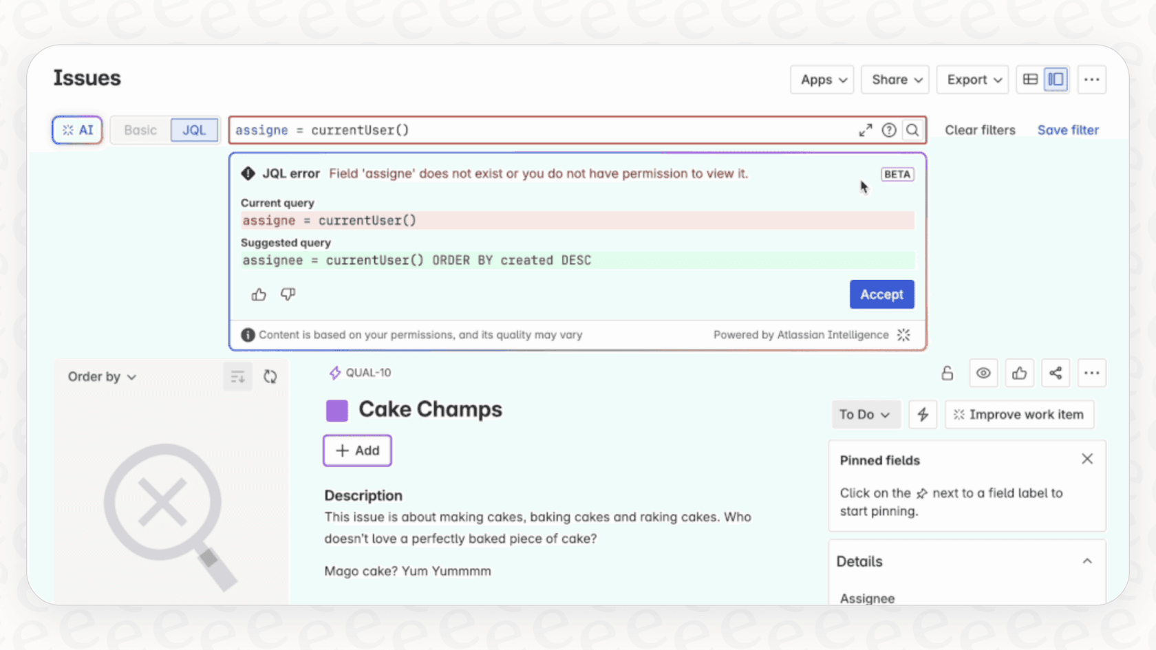 A screenshot of the Jira UI demonstrating the button that lets Atlassian Intelligence fix JQL errors.