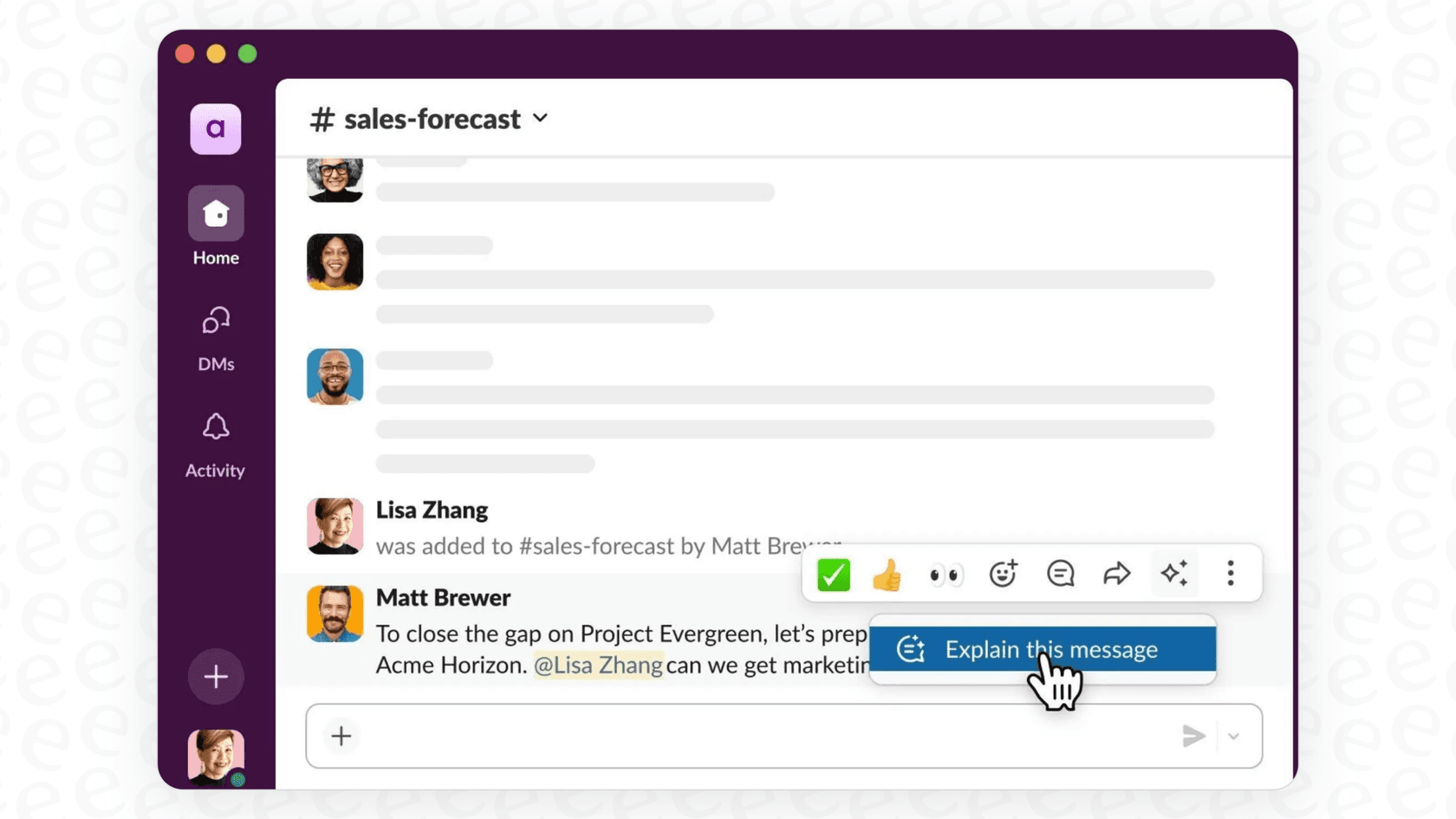 Une capture d’écran montrant comment l’outil Expliquer les messages de Slack IA fonctionne en fournissant le contexte d’un terme interne directement dans un canal Slack.
