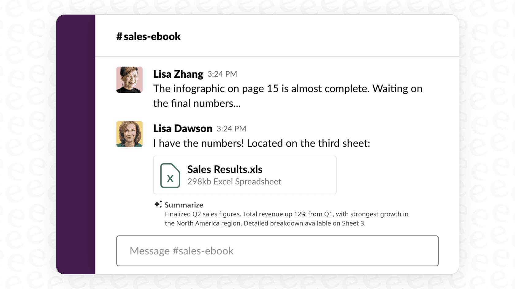 A demonstration of the Slack AI summarize PDFs and images feature providing a bulleted summary of a shared file within a Slack channel