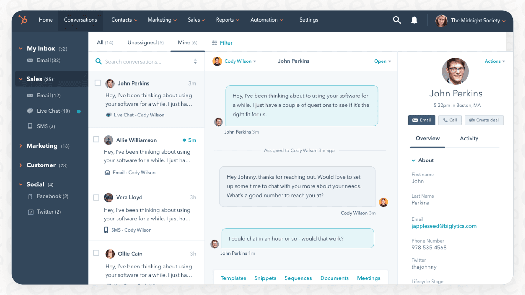 A view of the HubSpot AI summarize conversations feature being used on an email thread to generate a quick summary.