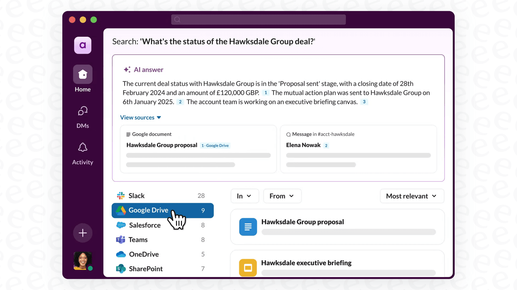 A screenshot demonstrating the conversational search capabilities of Slack AI Search Integrations.