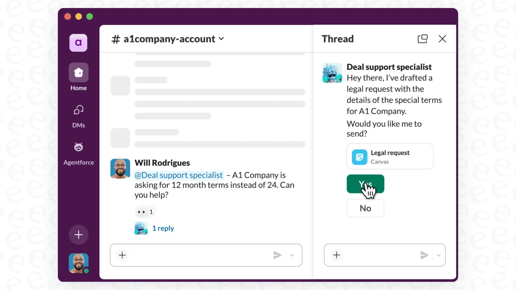 An AI agent handling a user request within Slack through a conversational interface.