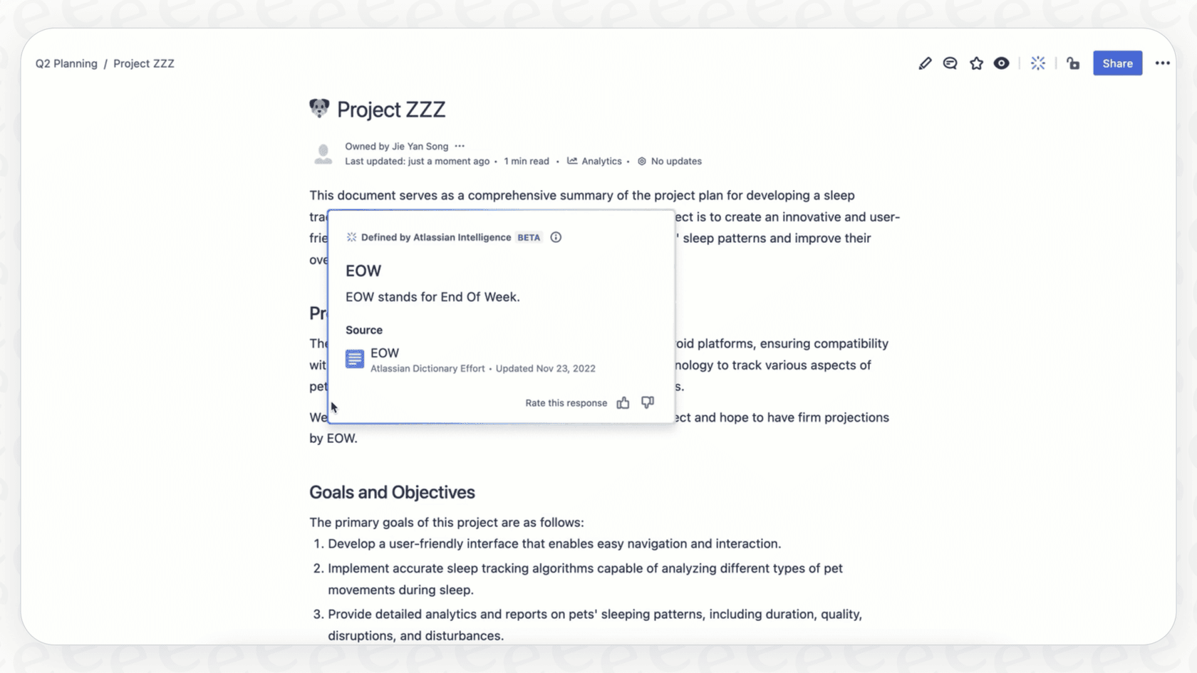 Captura de ecrã a mostrar a funcionalidade "Definições" da Pesquisa de P&R do Atlassian Intelligence a explicar o jargão específico da empresa.