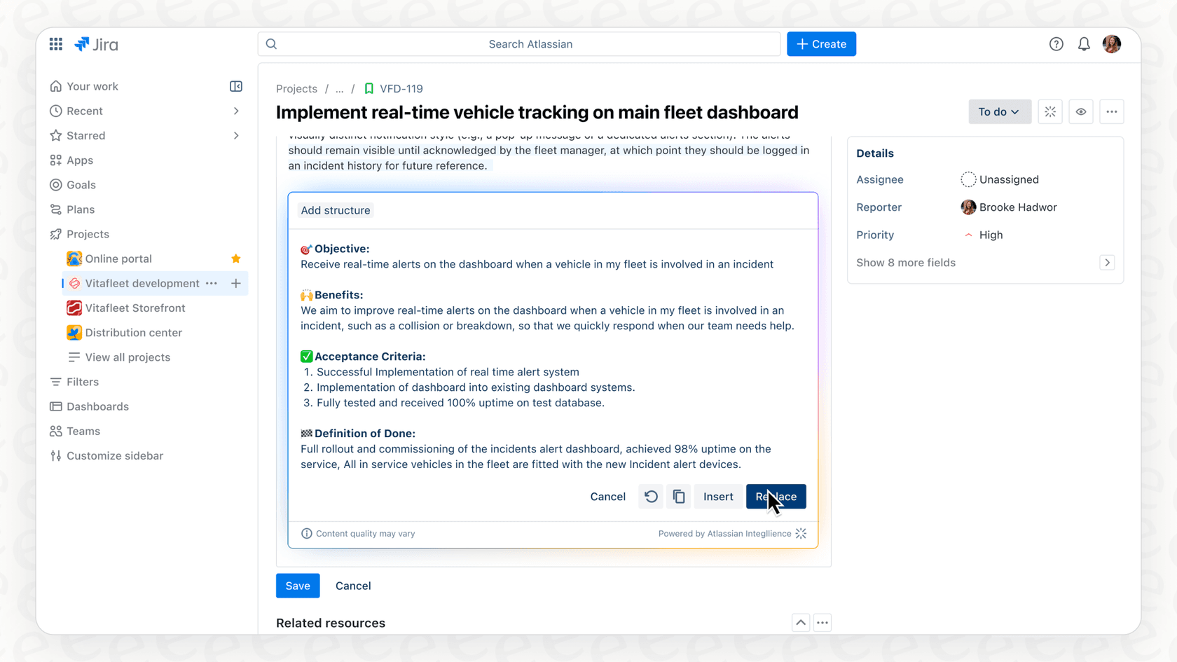 A demonstration of Atlassian Intelligence being used within the Jira interface for Atlassian AI project management.