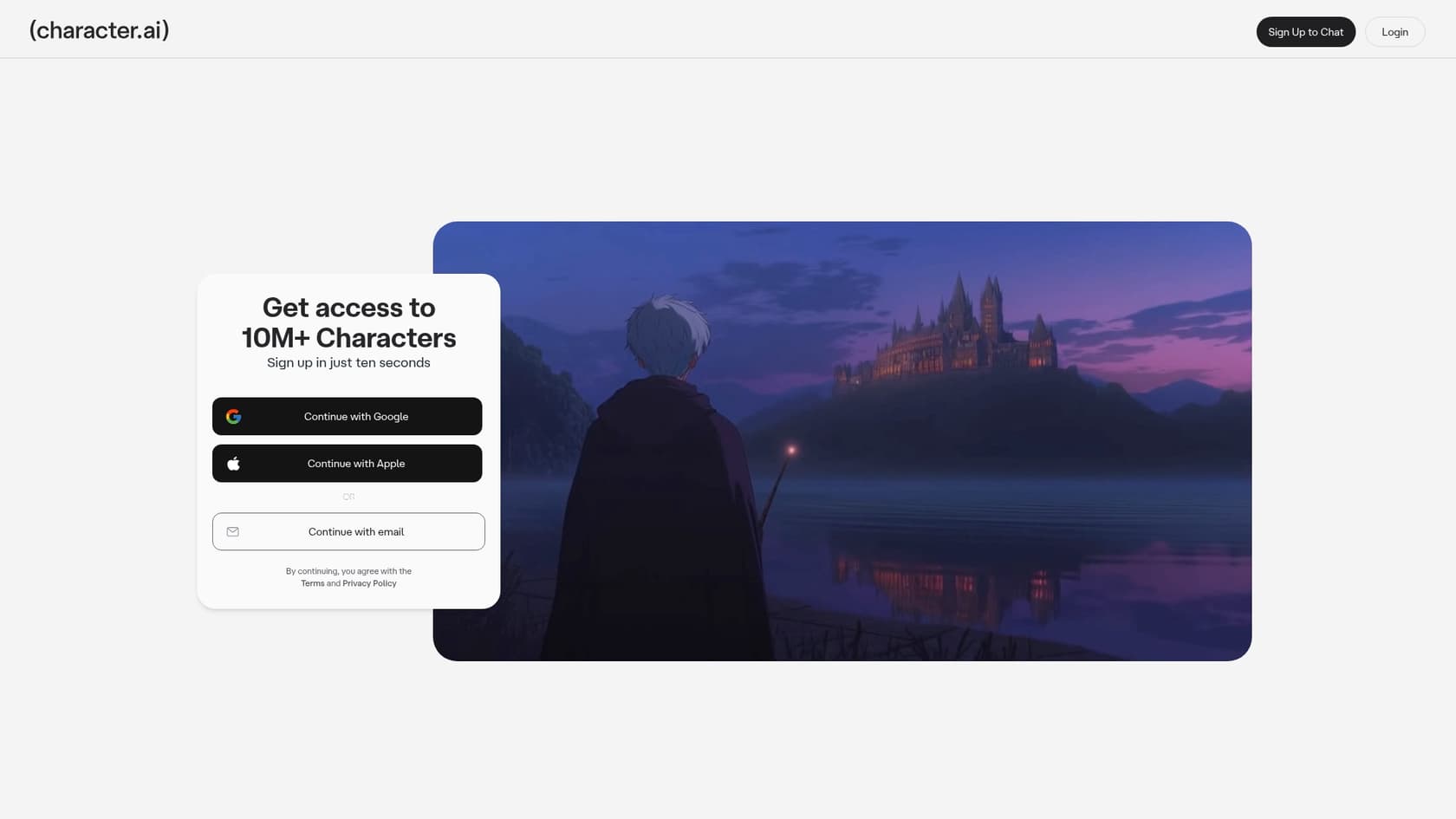 A screenshot of the Character.AI homepage, a creative Replika AI alternative.