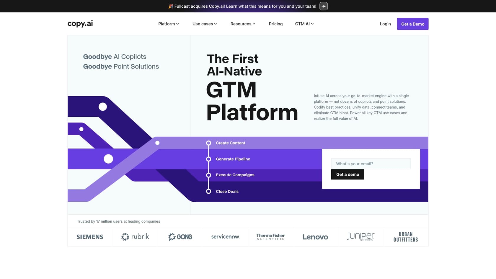 Uma captura de tela da página inicial do Copy.ai, apresentando a sua plataforma para equipas de go-to-market.