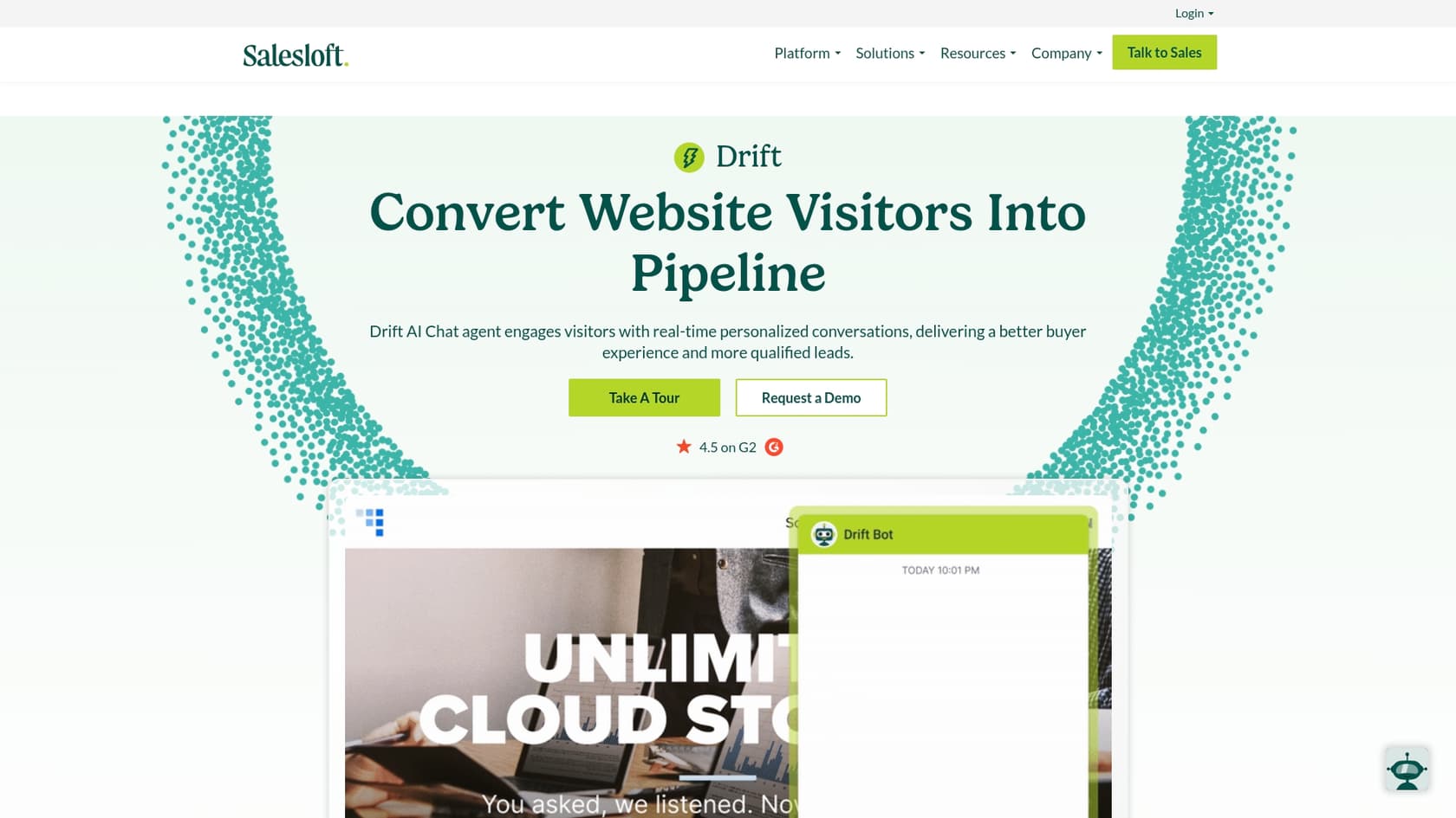 A screenshot of the Drift landing page, one of the best AI tools for Shopify.