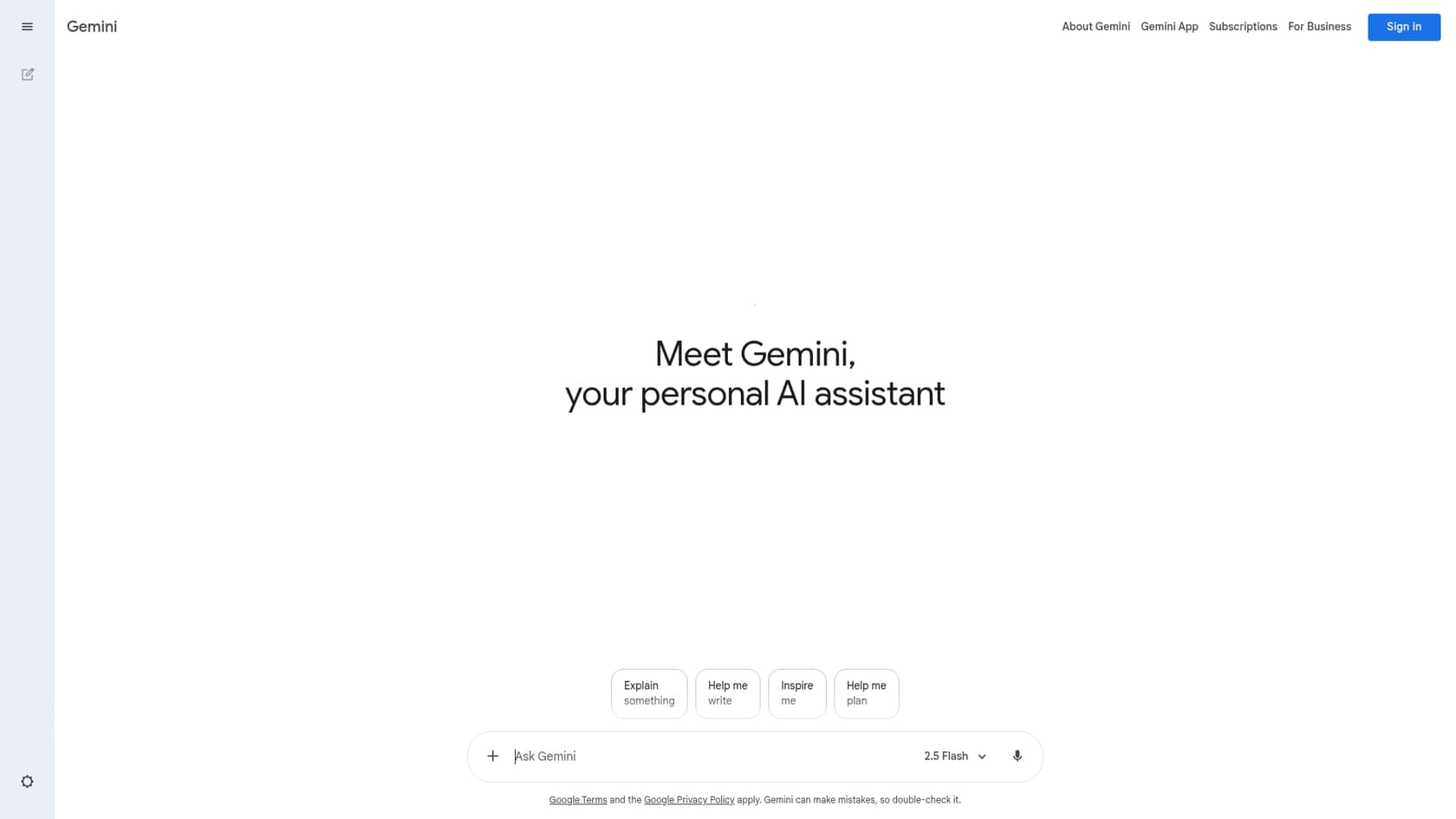 A screenshot of the Google Gemini landing page, a powerful contender in the list of ChatGPT group chat alternatives for Google Workspace users.::alt_title=A screenshot of the Google Gemini landing page, a powerful contender in the list of ChatGPT group chat alternatives for Google Workspace users.::alt_text=A screenshot of the Google Gemini landing page, a powerful contender in the list of ChatGPT group chat alternatives for Google Workspace users.