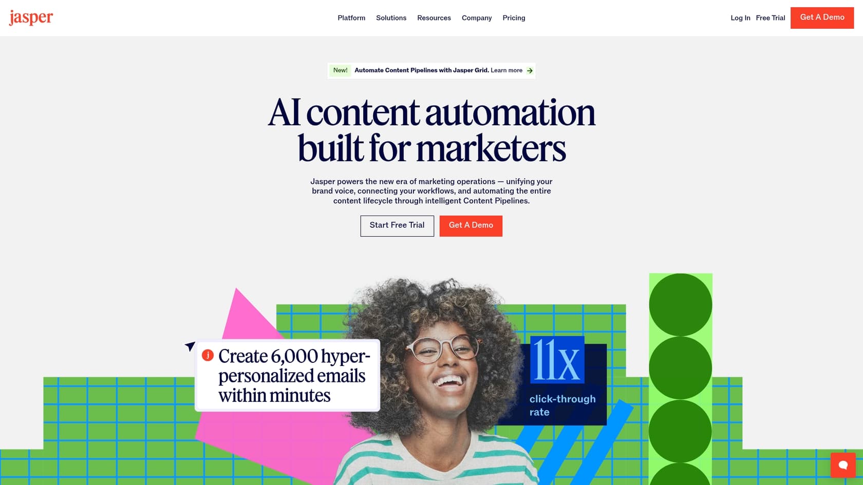 A screenshot of the Jasper.ai landing page, an example of AI writing tools to enhance your content creation.::