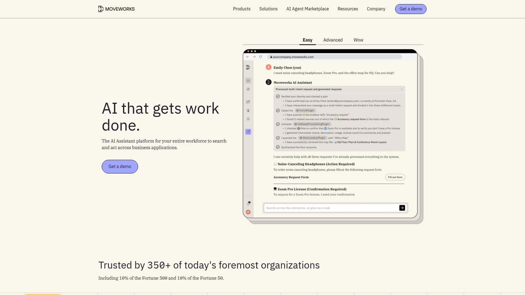 A screenshot of the Moveworks landing page, featured on the Salesforce AI tools list for internal support.