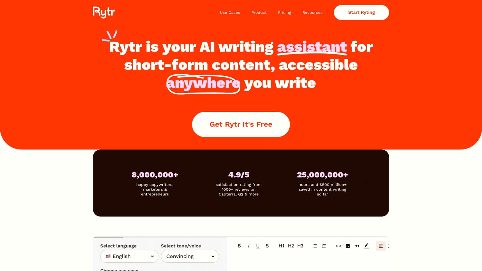 A screenshot of the Rytr landing page, an affordable Writesonic AI alternative for budget-conscious users.