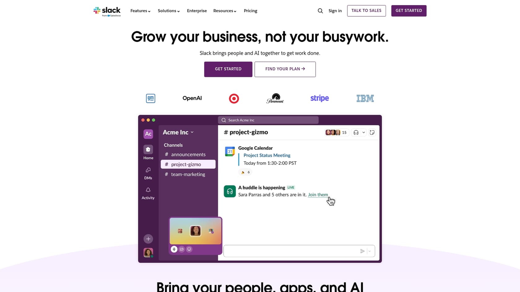 Captura de pantalla de la página de inicio de Slack, una de las mejores herramientas de IA para desarrolladores.::
