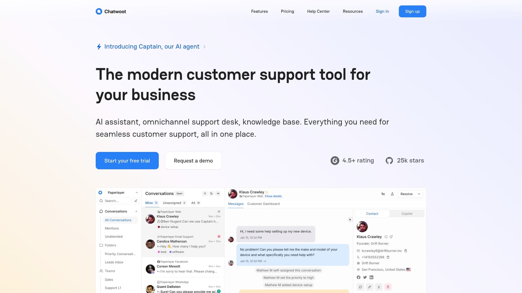 A screenshot of the Chatwoot homepage, a free AI for customer service.