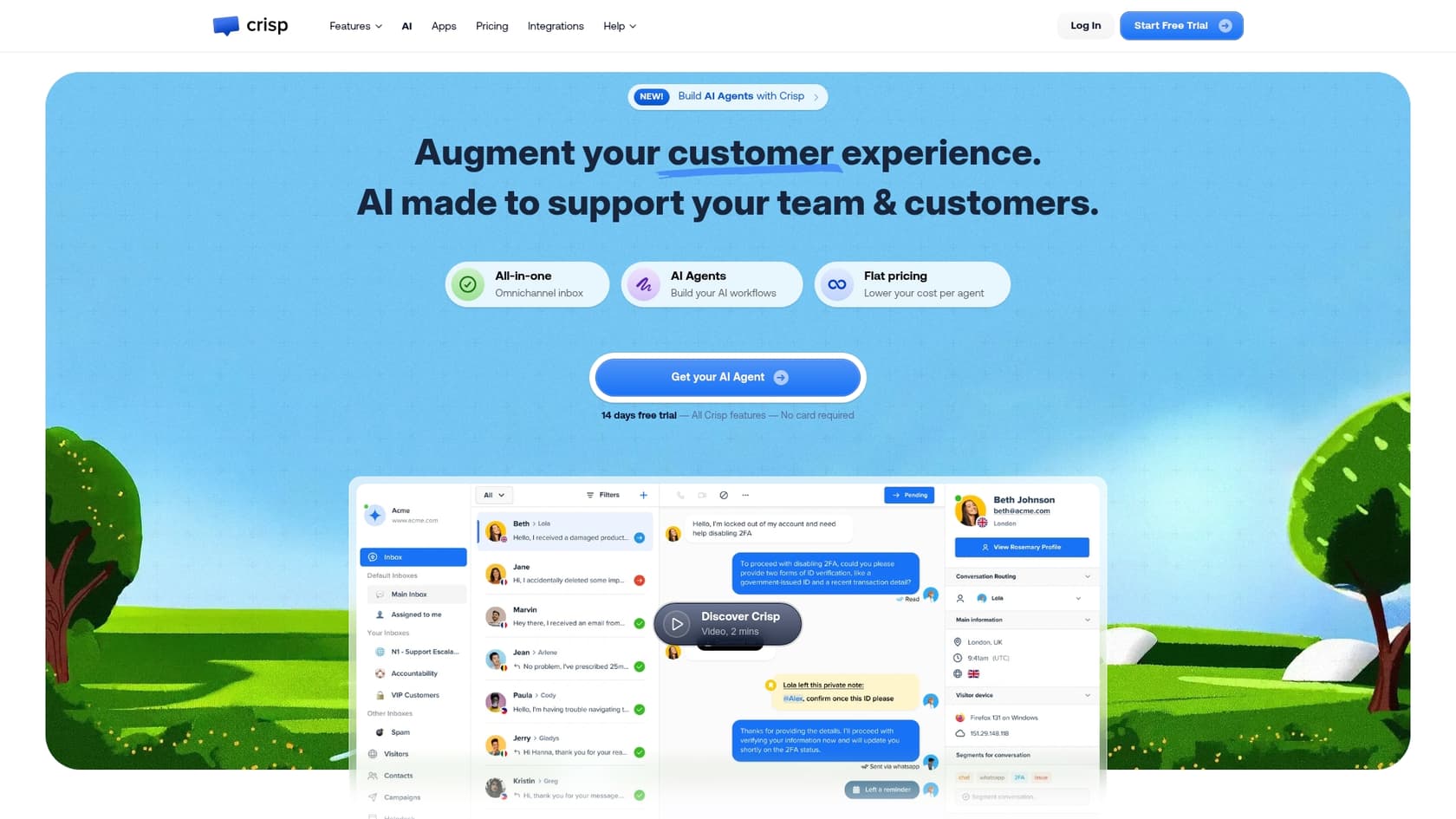A screenshot of the Crisp landing page, one of the best AI tools for Shopify.