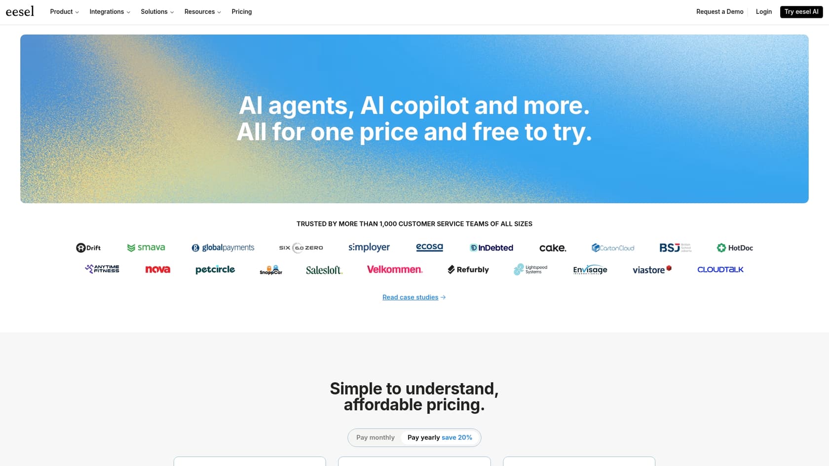 A screenshot of the eesel AI pricing page, showing its transparent and flexible plans.