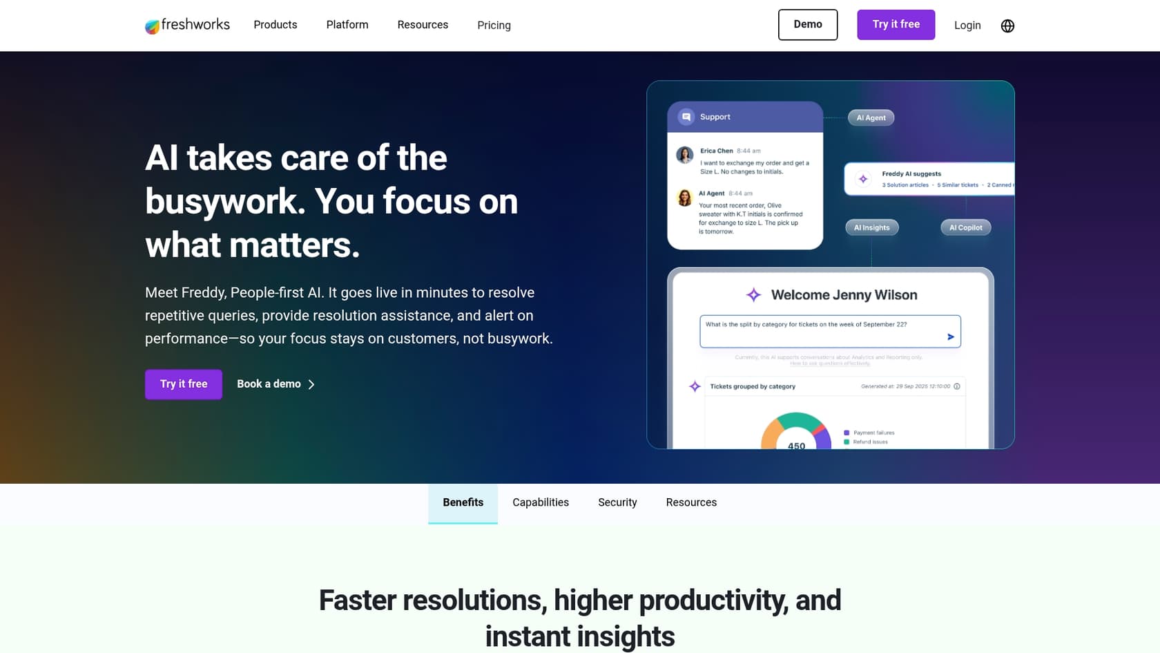 A screenshot of the Freshdesk landing page, a feature-rich choice for the best AI customer support for Jira email.::