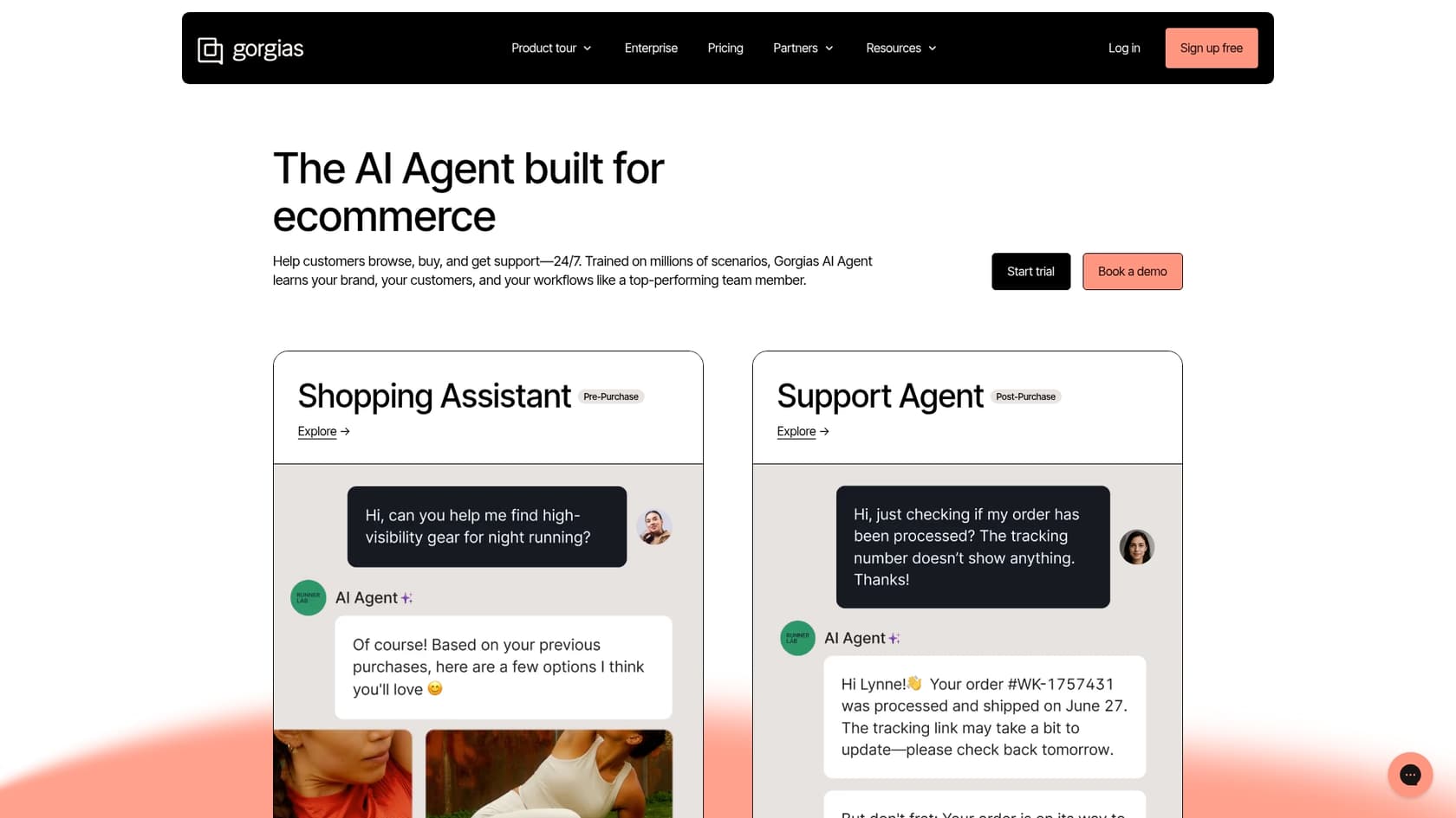 A screenshot of the Gorgias AI agent landing page, one of the top AI chatbots for Gorgias users.::