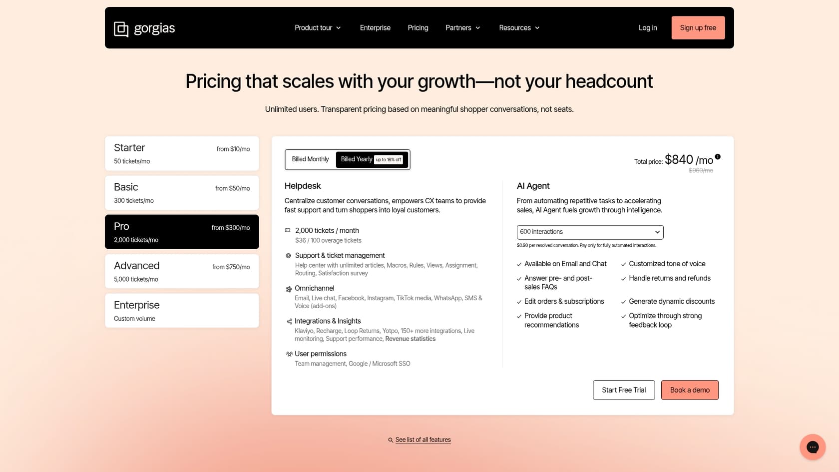 A screenshot of the Gorgias pricing page, which is relevant for anyone asking about their costs.