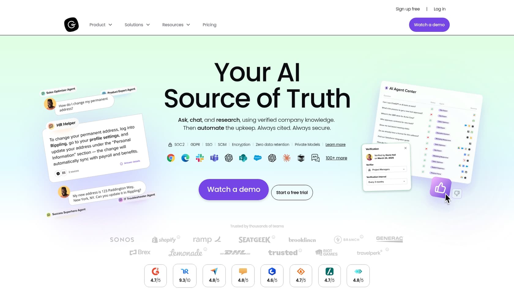 A screenshot of the Guru landing page, a popular choice for internal search bot AI tools.