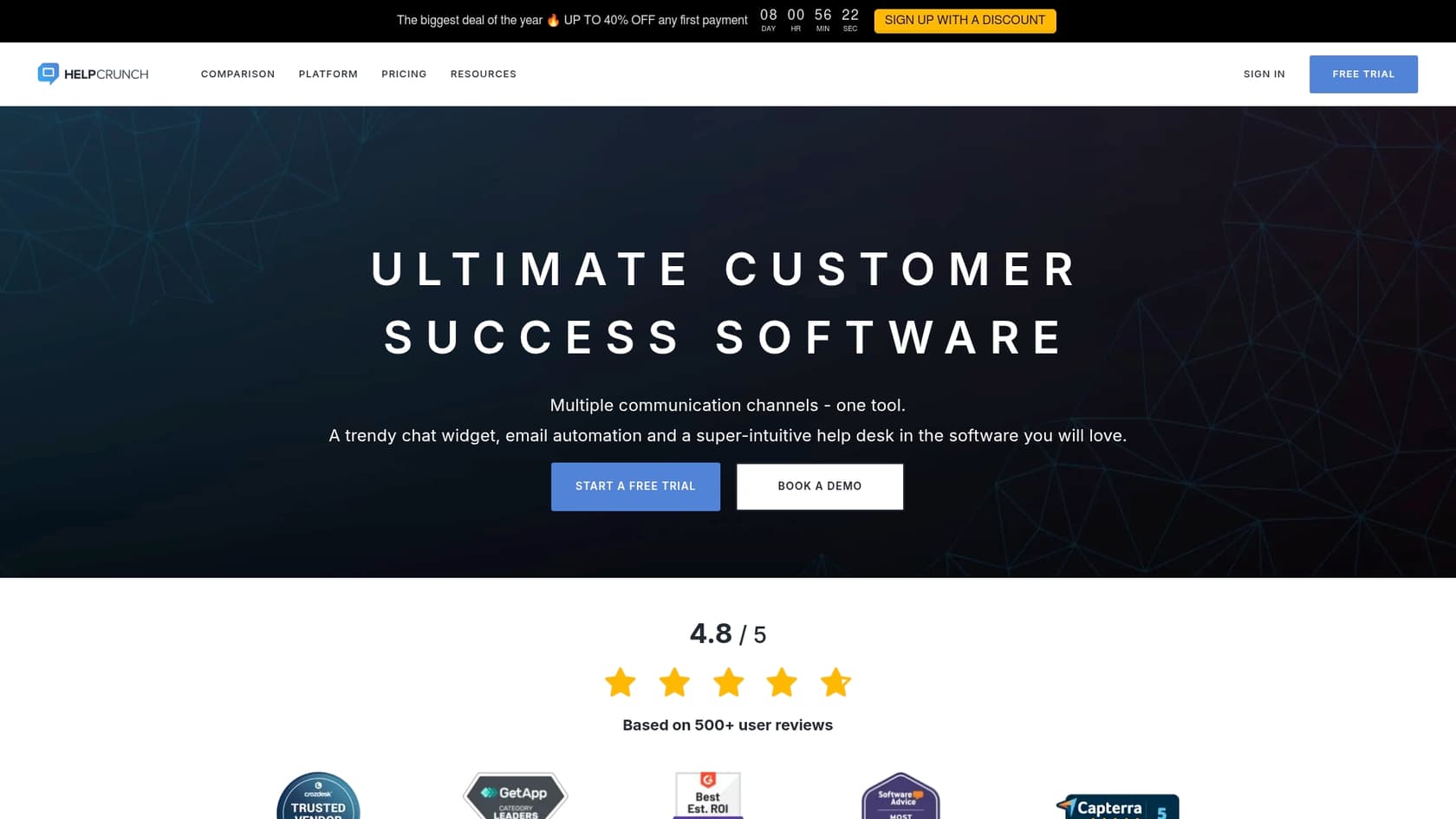 Uma captura de tela da landing page do HelpCrunch, um assistente de IA do ChatGPT.