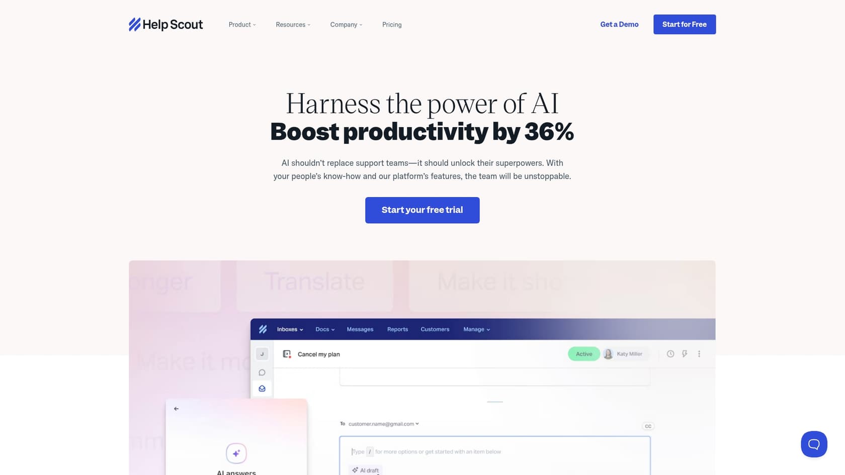 A screenshot of the Help Scout landing page, a simple solution for the best AI customer support for Jira email.::