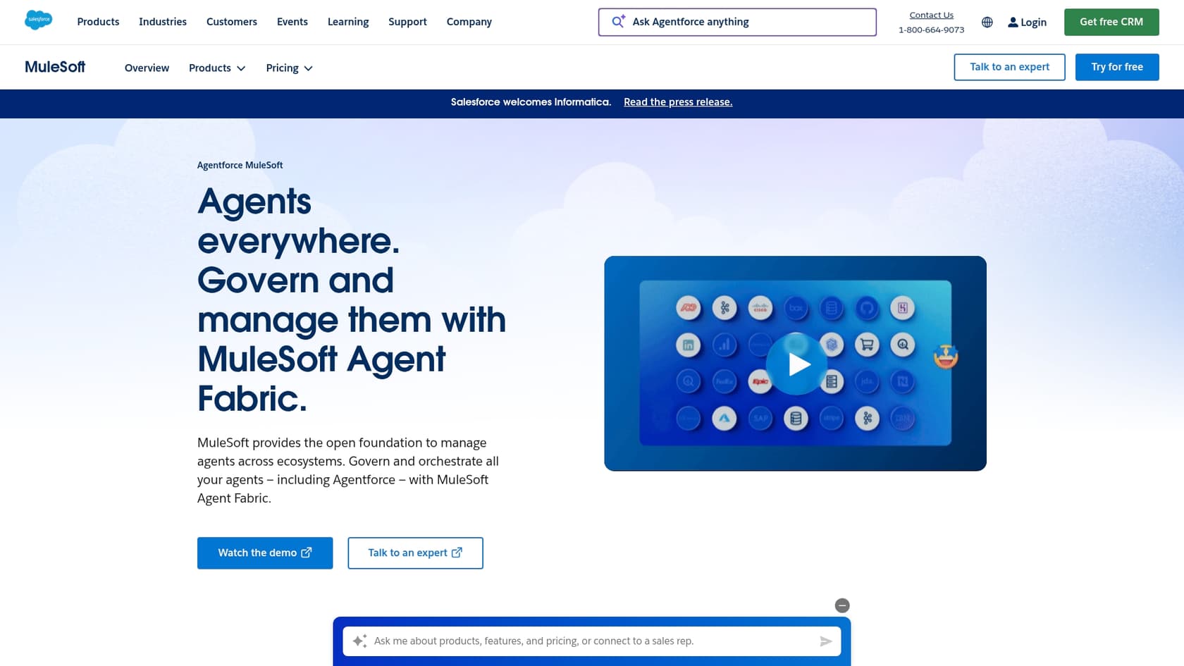 A screenshot of the MuleSoft homepage, which is a platform for integrating external data with Salesforce AI customer service.::alt_title=MuleSoft for Salesforce AI customer service Integration::alt_text=A screenshot showing the MuleSoft platform used for integrating data with Salesforce AI customer service.