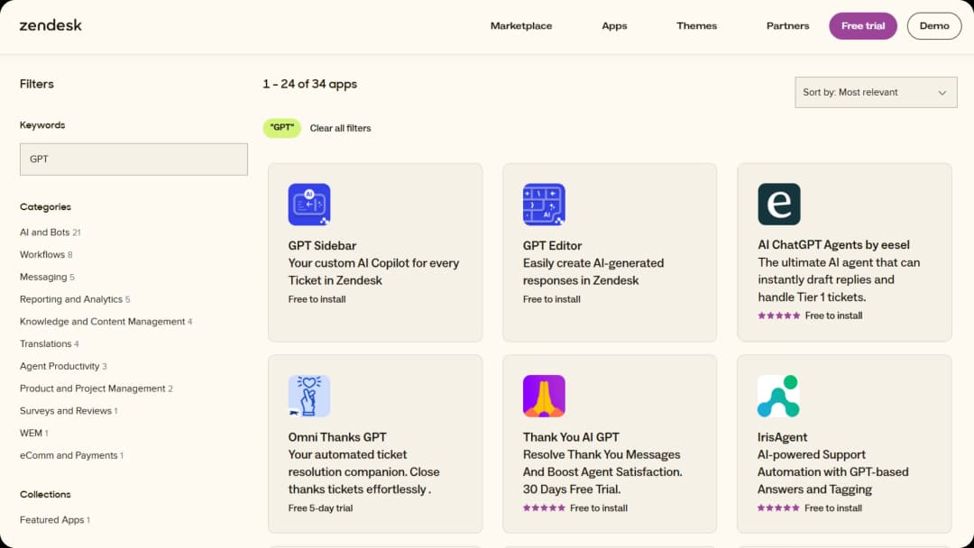 Captura de pantalla del marketplace de Zendesk mostrando los GPT disponibles.