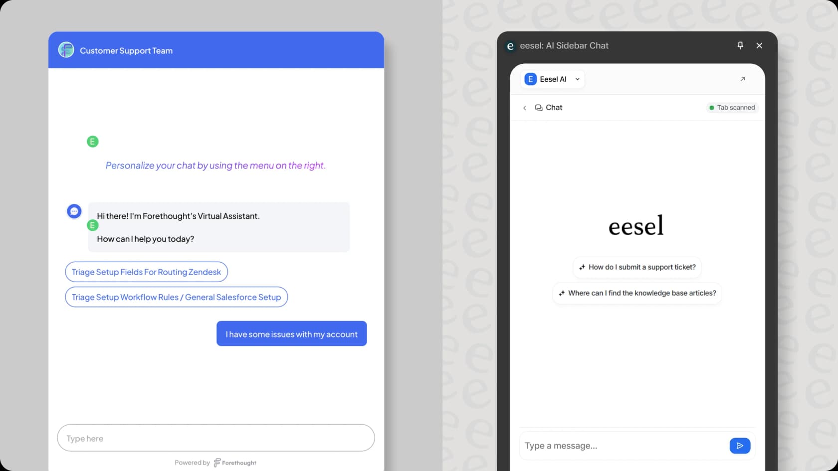A side by side comparison of eesel AI and Forethought's dashboard. 