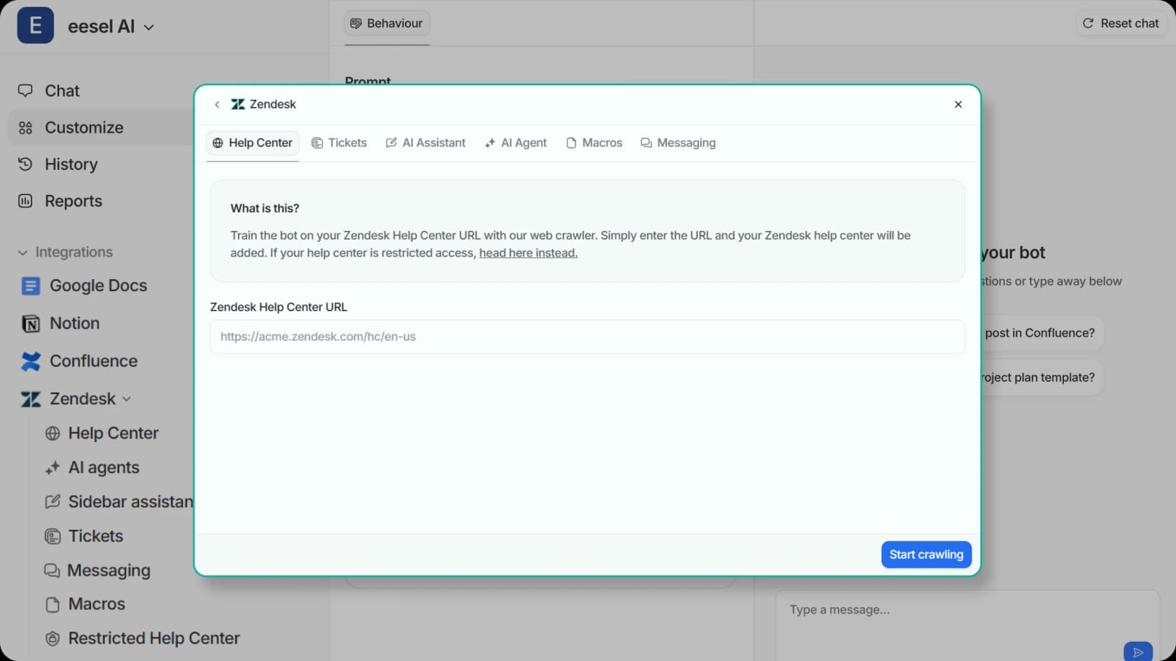 Integrations options for Zendesk inside eesel AI's dashboard. 