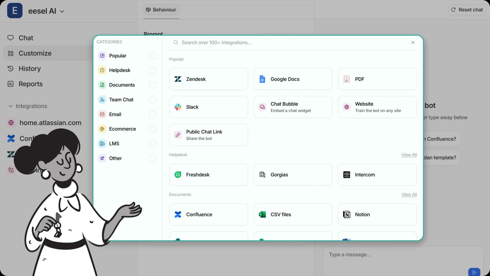  eesel AI’s integration dashboard showing knowledge base google docs, confluence and etc.