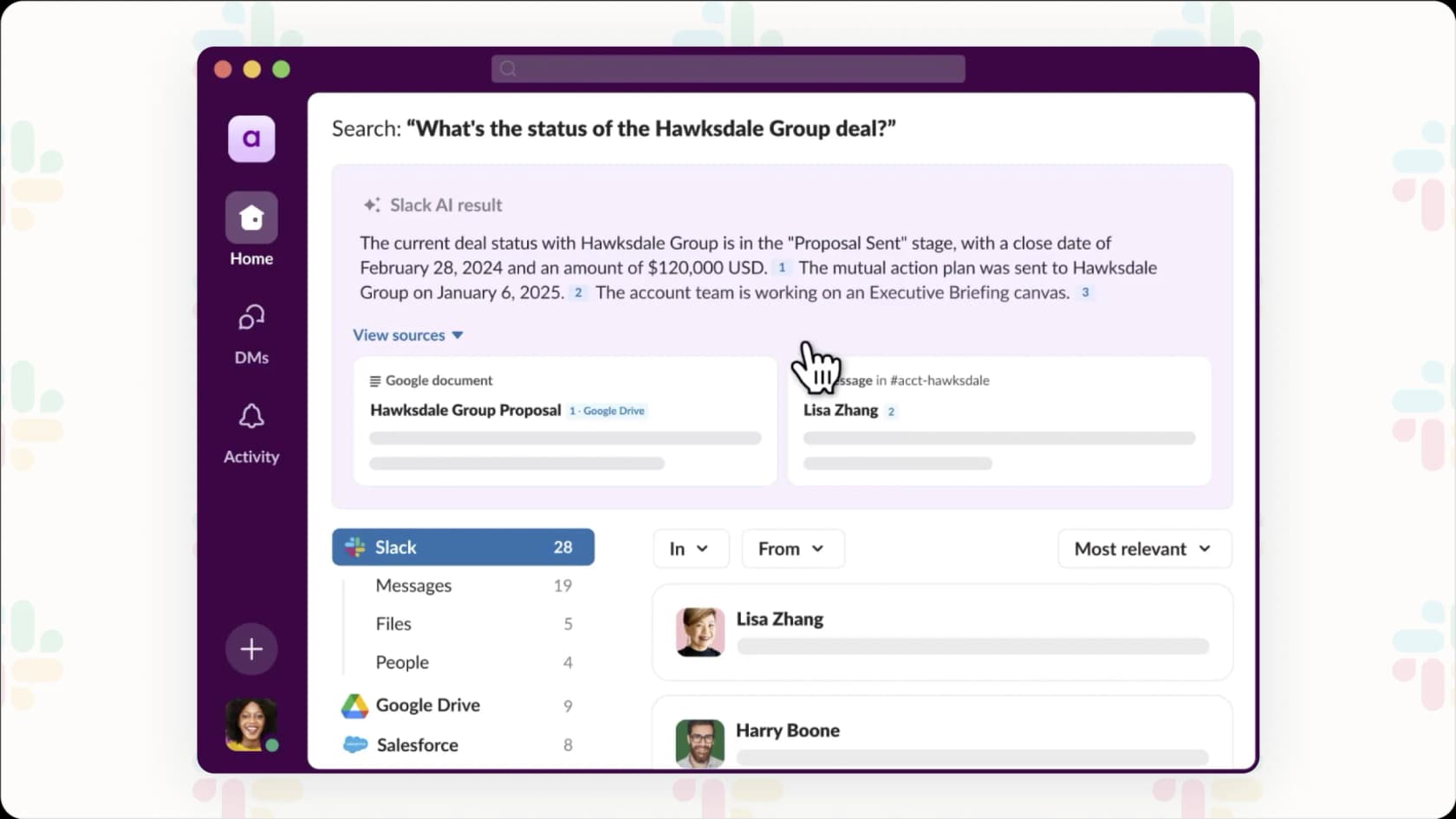 Slack AI search results displaying a natural language query answer with source citations.