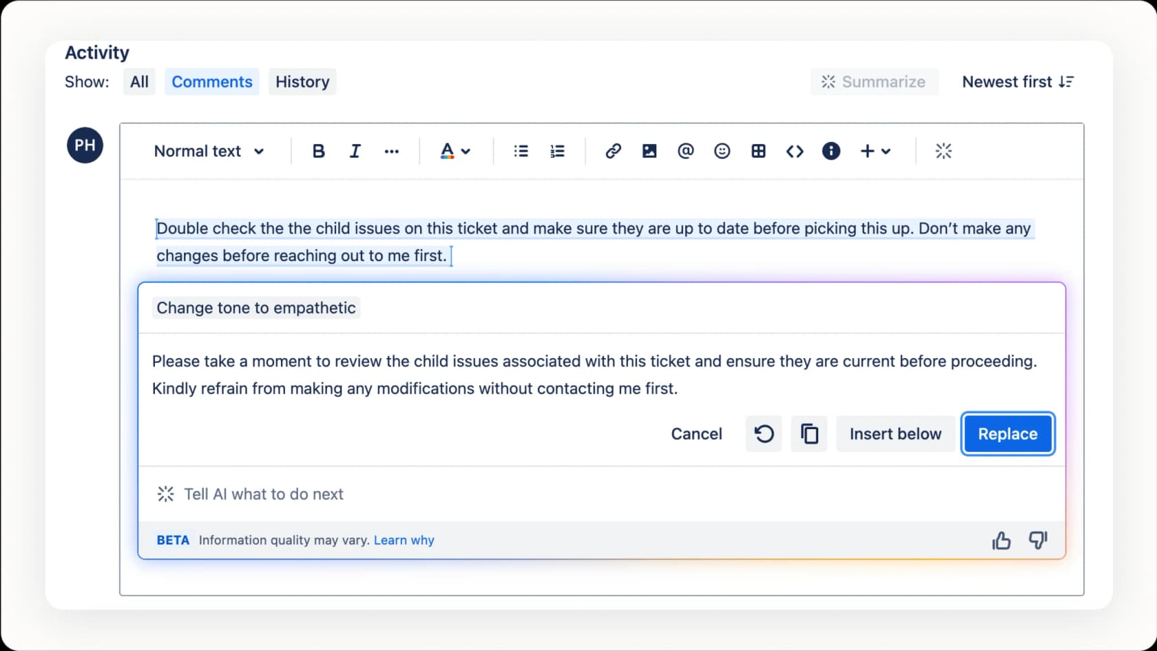 Jira issue editor with generative AI feature icon or command menu open.
