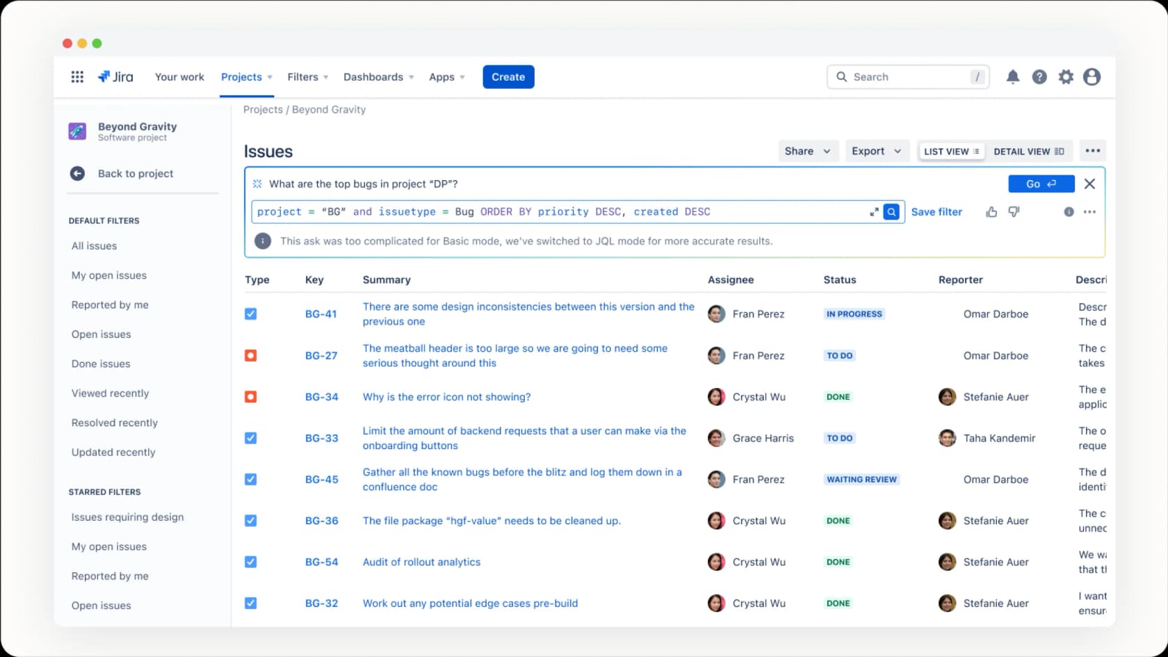 Jira Issue Navigator translating a natural language query into JQL with AI assistance.