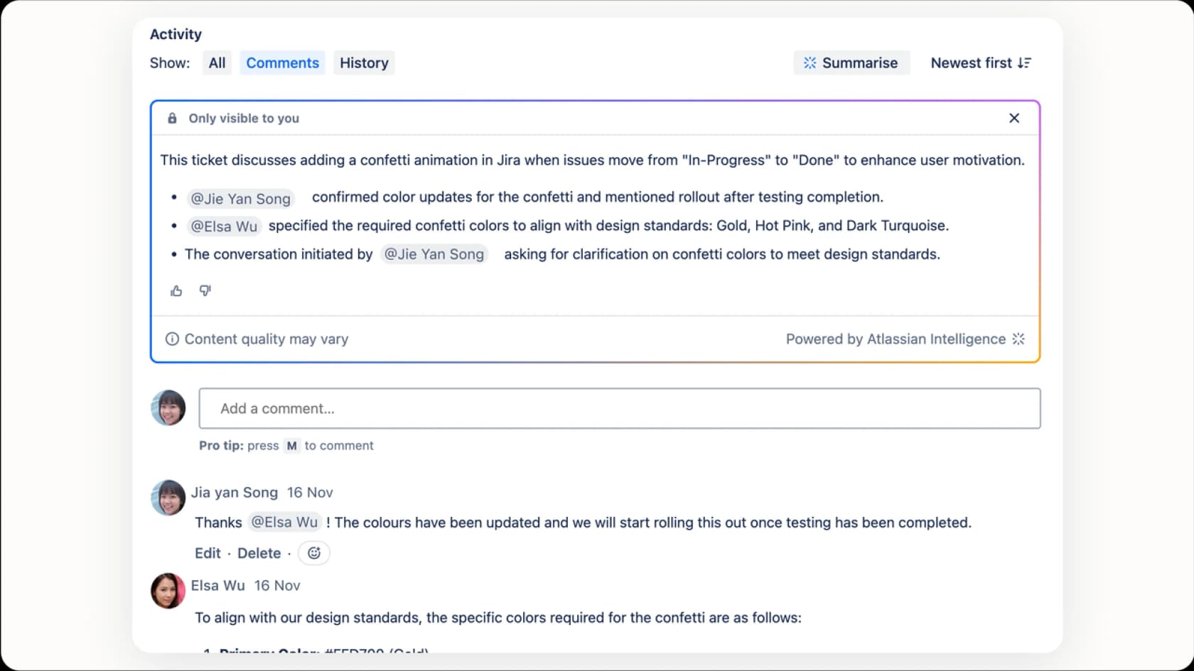 Jira issue activity section with AI-powered comment summary feature.