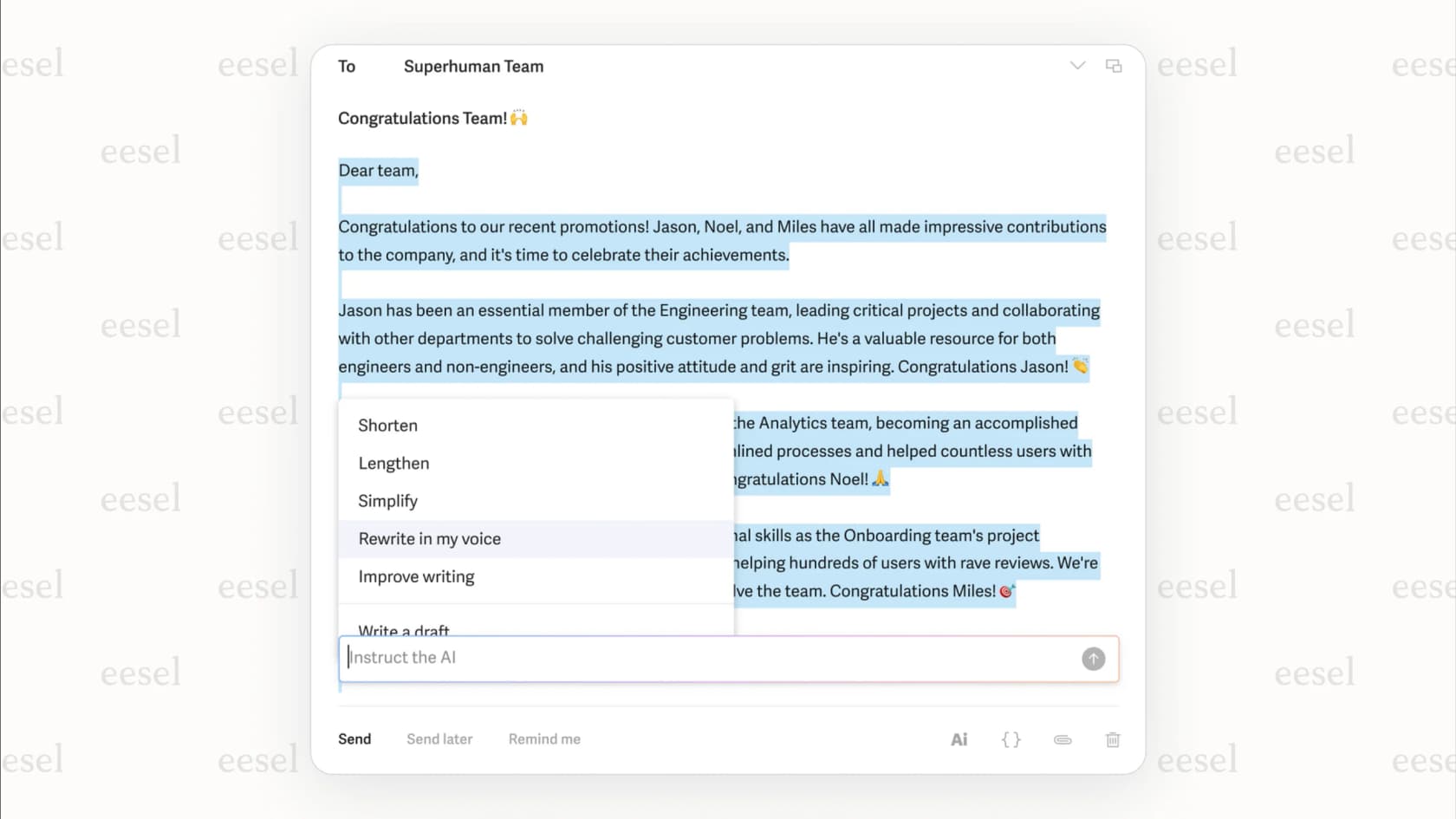 Superhuman email client composing an email with AI.