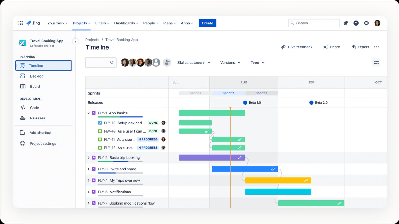 Jira Epic view with AI-suggested sub-tasks and linked issues for work breakdown.