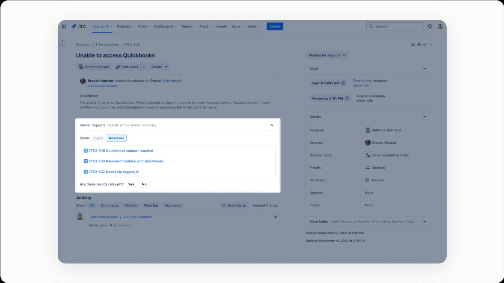 Jira Service Management virtual agent chatting with a customer using Jira AI.