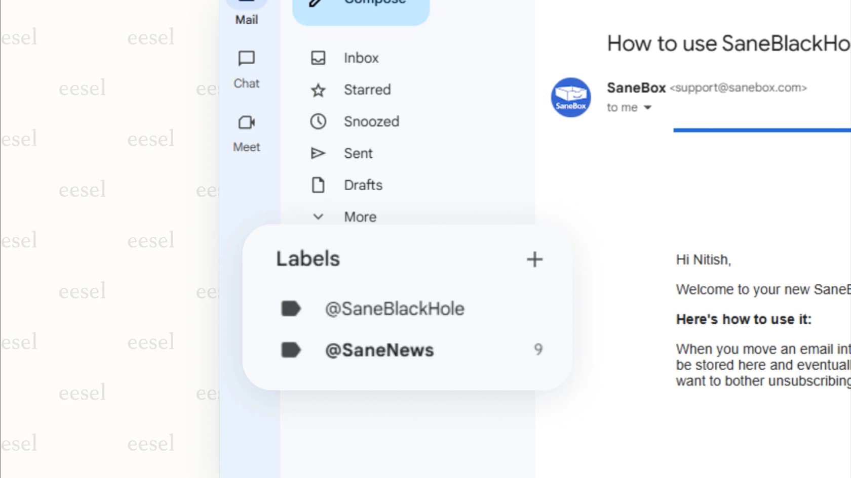 Email folders automatically created by SaneBox in Gmail.