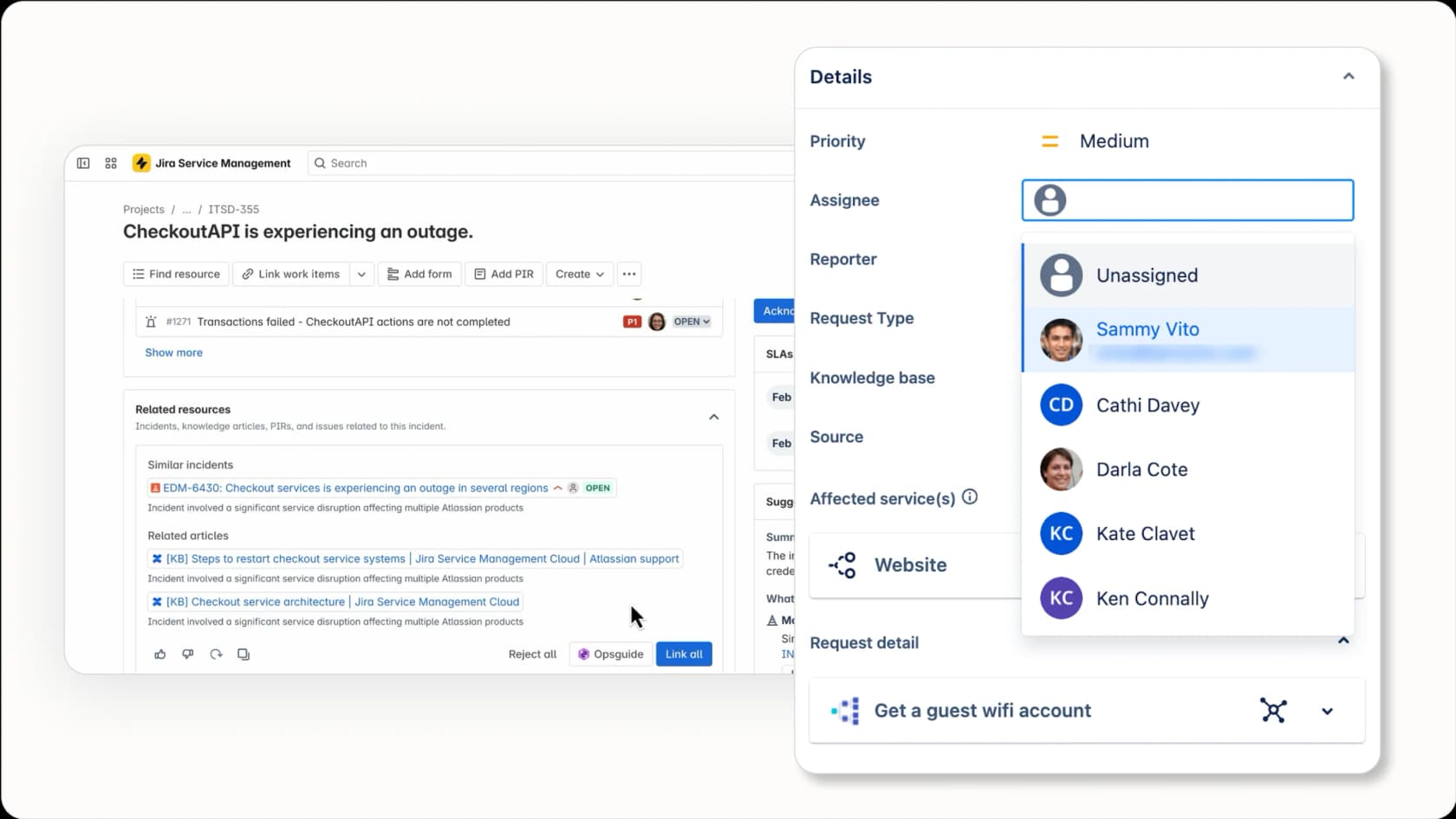 Jira Service Management showing AI-powered predictive agent assignment for an issue.