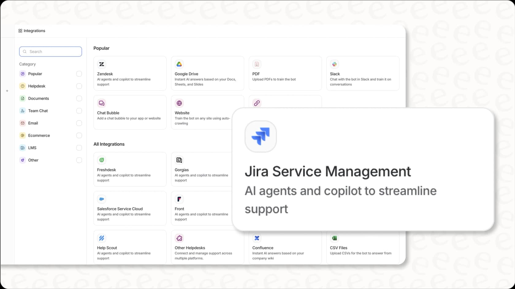 eesel AI platform showing Jira Service Management as an integration option.