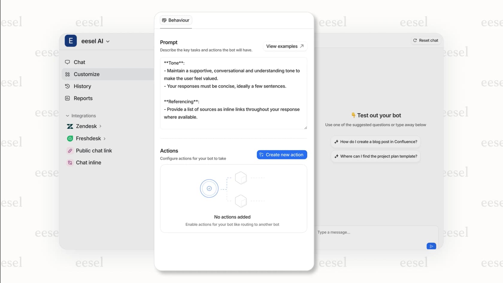 Screenshot of the eesel AI dashboard, demonstrating features relevant to HubSpot AI tools integration for support automation.