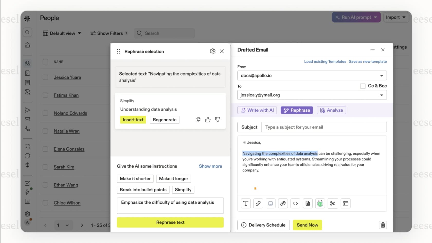 Screenshot showing the Apollo AI platform, highlighting its email writing feature, useful alongside HubSpot AI tools for sales. 