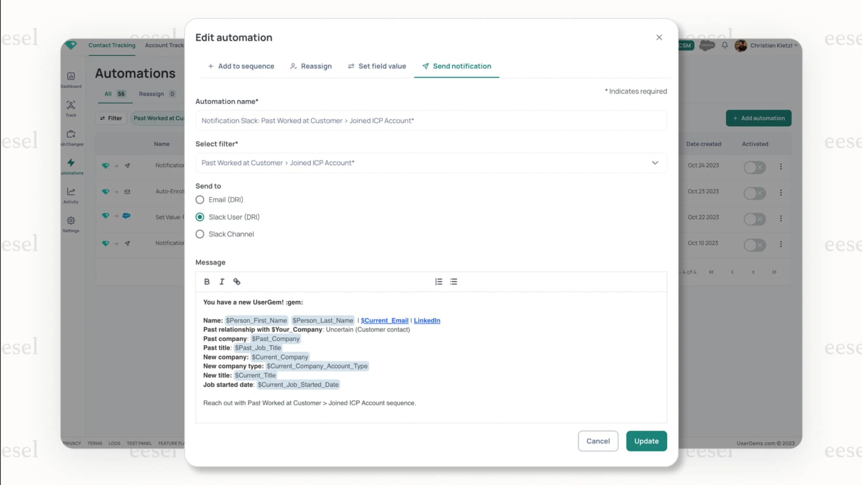 Screenshot of the UserGems platform, showing automated outreach messages, a valuable addition to HubSpot AI tools for prospecting.
