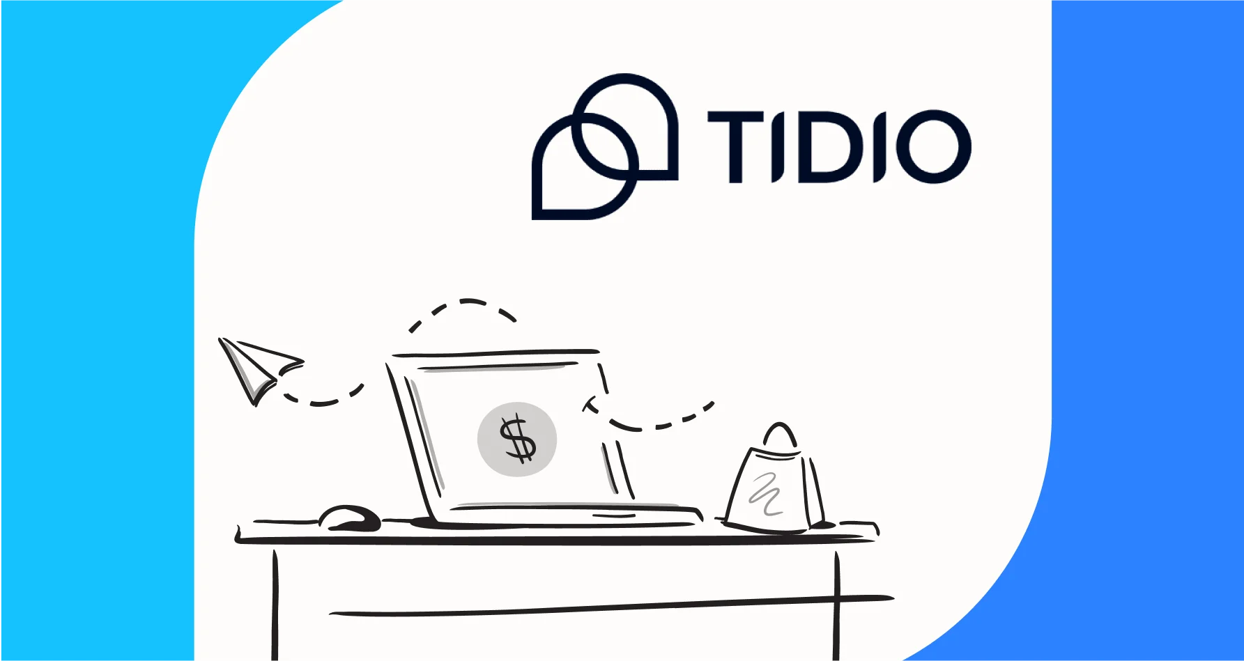 Tidio logo above a laptop, shopping bag, and paper plane