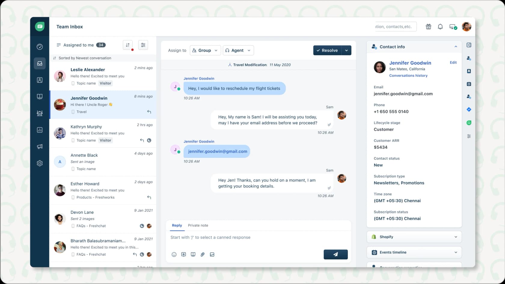 Freshdesk agent interface for managing customer tickets.